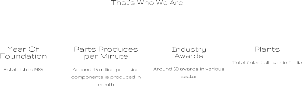 Thats Who We Are Year Of Foundation Establish in 1985   Parts Produces per Minute Around 45 million precision components is produced in month  Industry Awards Around 50 awards in various sector   Plants  Total 7 plant all over in India